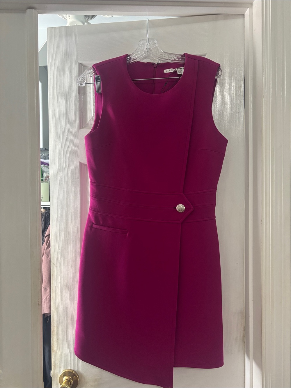 Veronica Beard Fuchsia Sleeveless Sheath Dress with Decorative Button